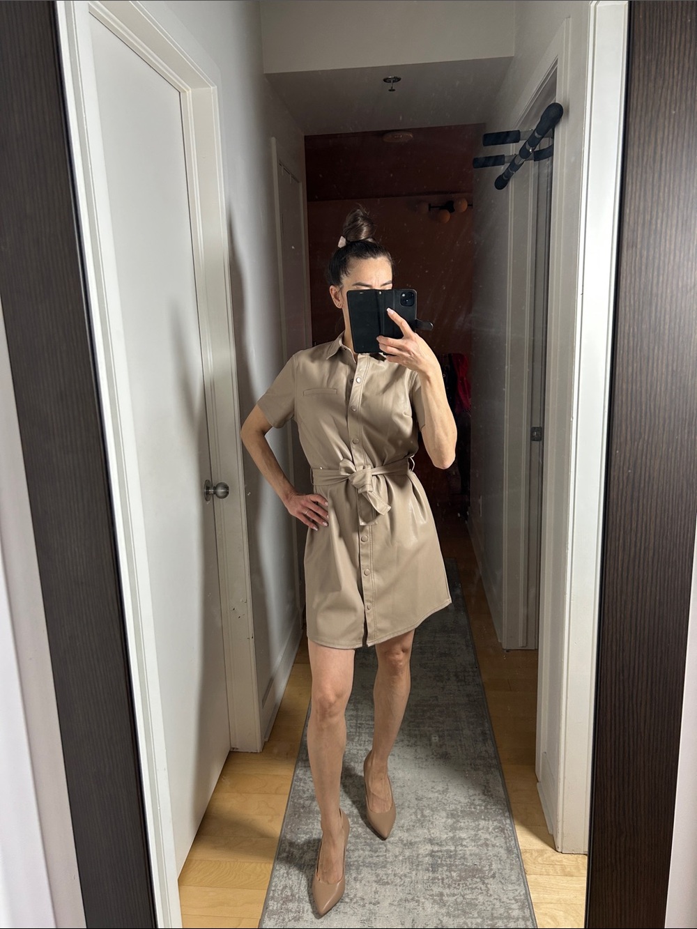 H&M Tan Faux Leather Polo Dress Snap Front Detachable Belt Boxy Chic Fit